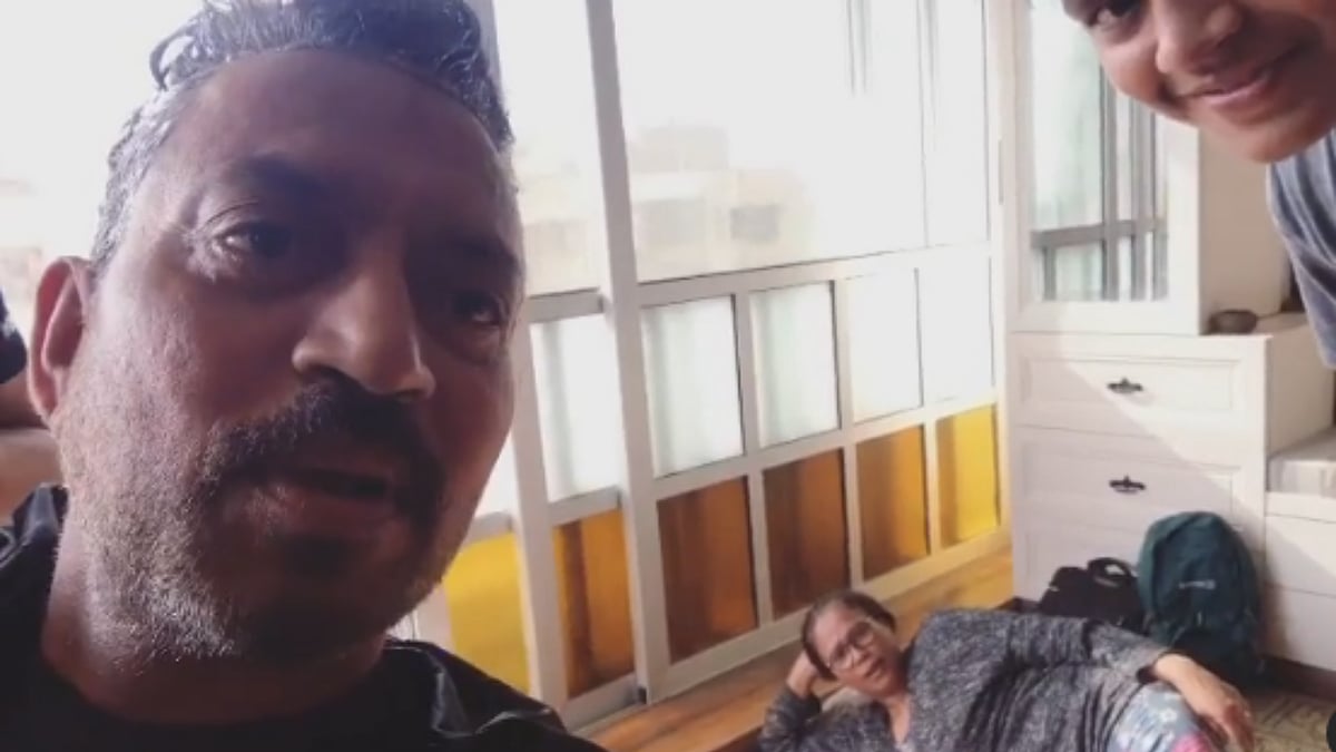 Irrfan Khan, his wife Sutapa and son Ayan recording a video for his elder son Babil.