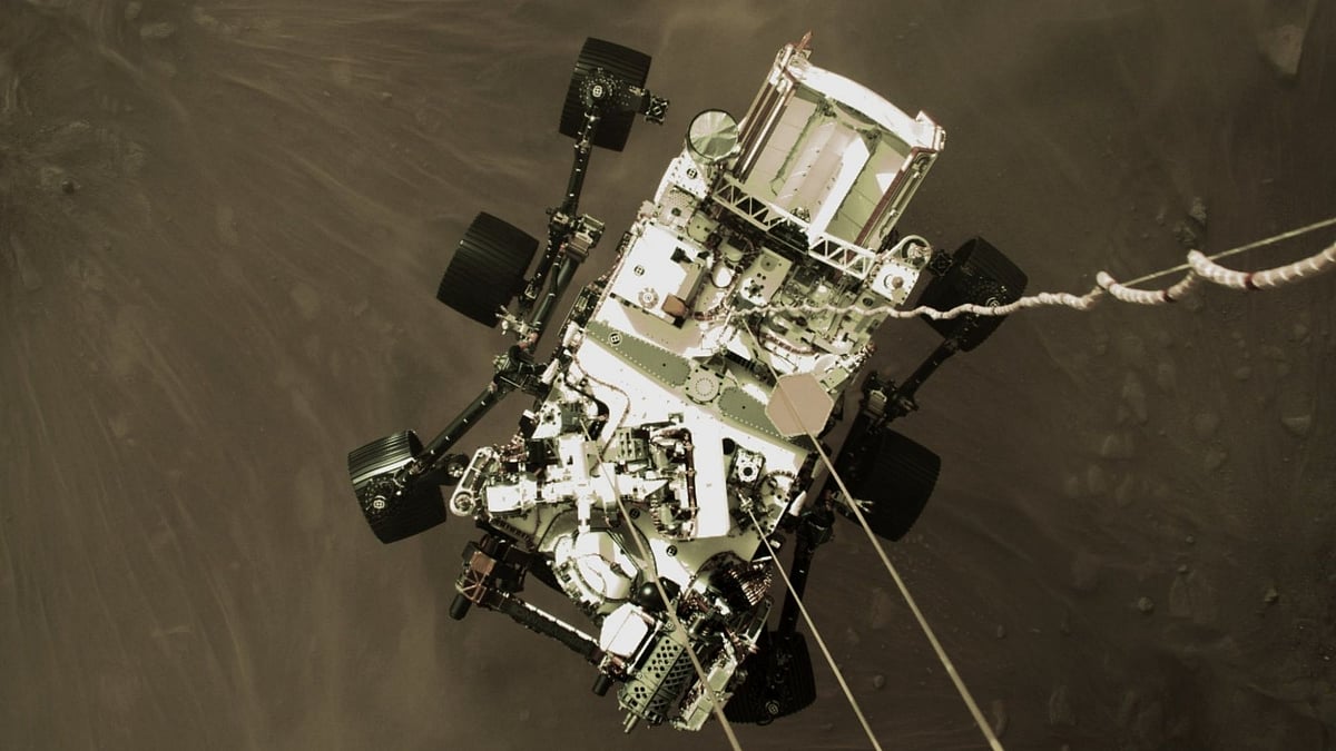 An illustration of NASA’s Perseverance rover landing safely on Mars.&nbsp;