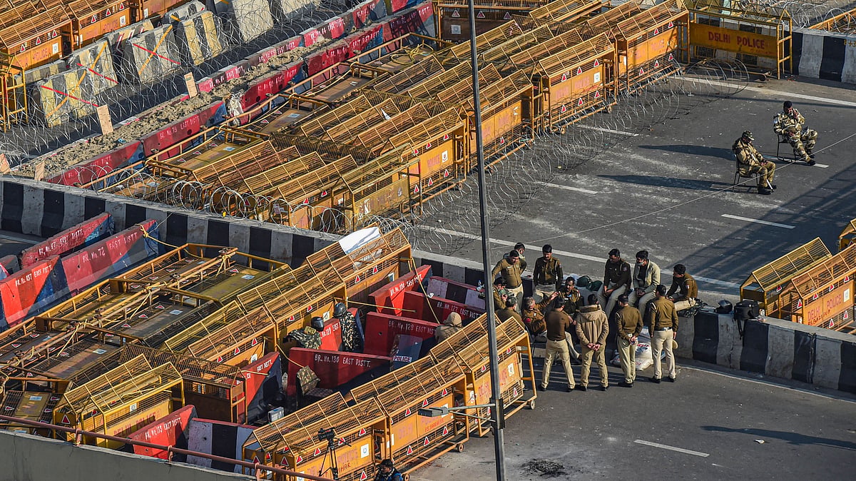 Layers of security barricades at Delhi-UP Ghazipur border during farmers protest over Centres farm reform laws, in New Delhi.