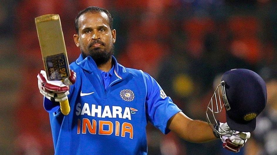 Yusuf Pathan celebrates scoring a half-century for India.