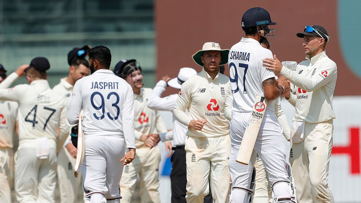 England team celebrating the match win during day five of the first test match between India and England held at the Chidambaram Stadium stadium in Chennai.