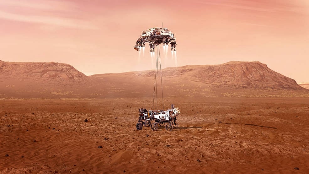 An illustration of NASA’s Perseverance rover landing safely on Mars. 