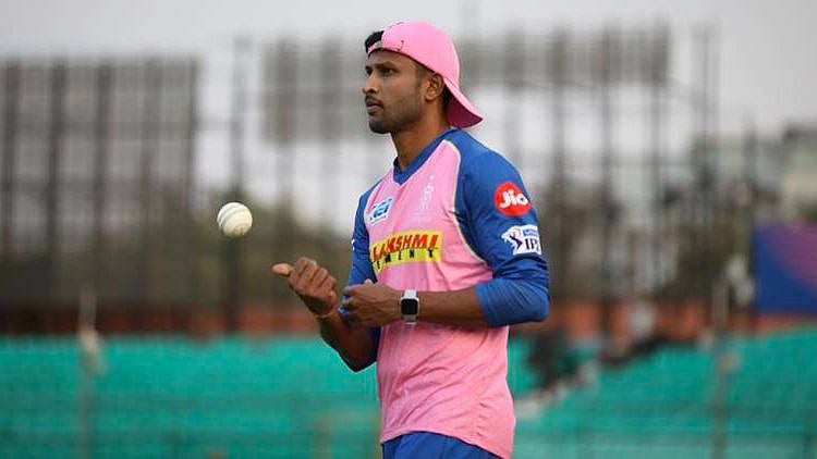 K Gowtham during a training session with Rajasthan Royals.