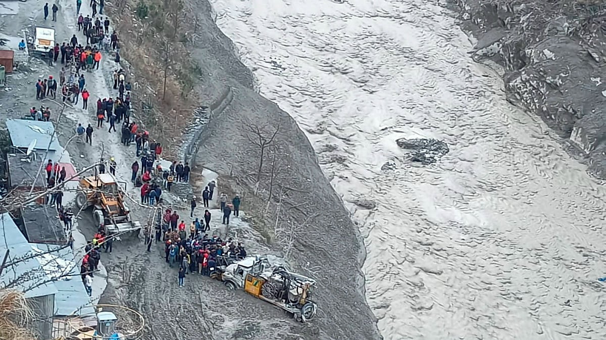 Rescue operations underway near Dhauliganga hydropower project after a glacier broke off in Joshimath causing a massive flood in the Dhauli Ganga river, in Chamoli district of Uttarakhand, Sunday, 7 February, 2021.