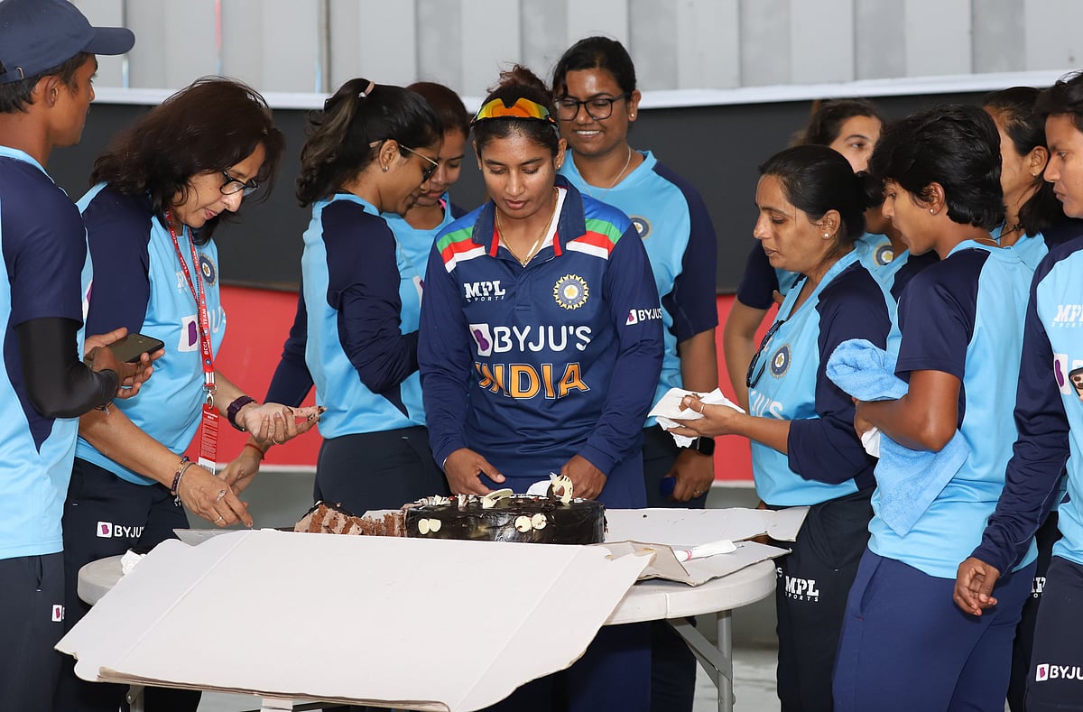 India captain Mithali Raj cuts a cake for scoring 10,000 international runs. &nbsp;