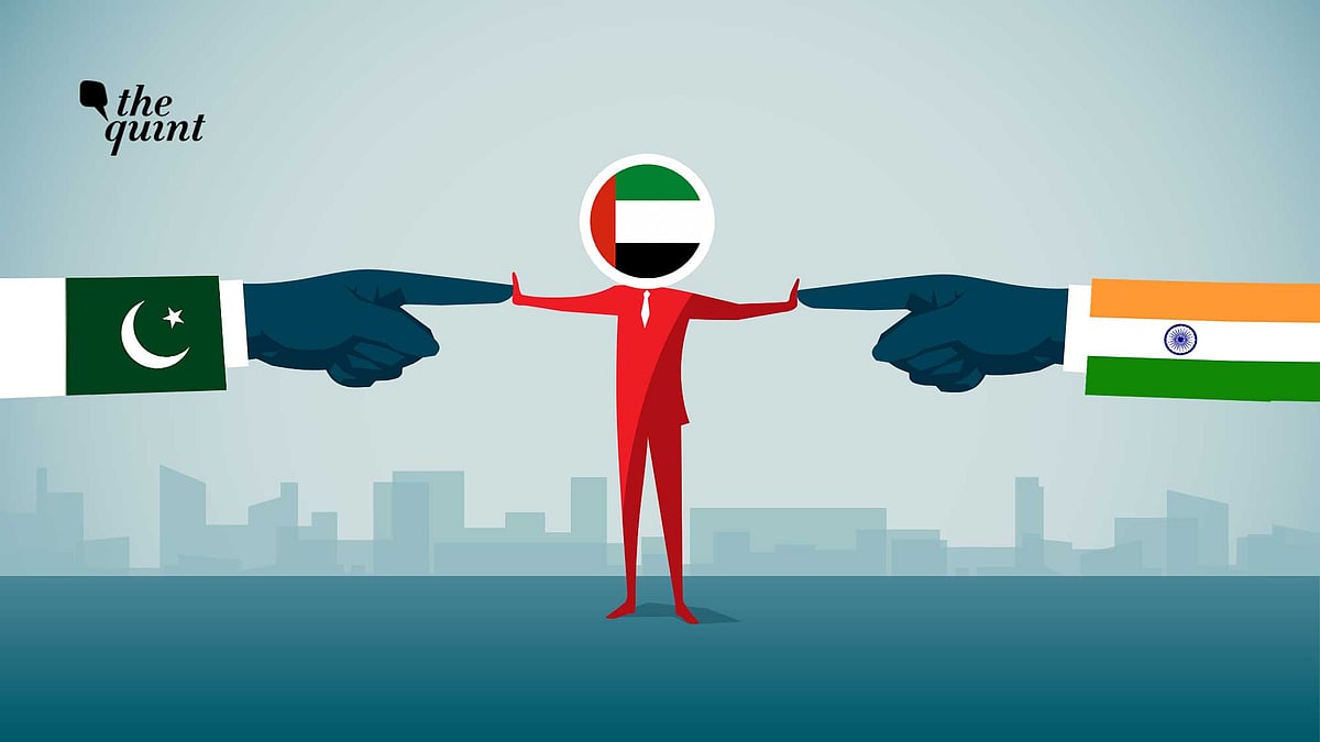 Image of Pakistani flag (L), Indian flag (R), and UAE’s flag (centre) used for representational purposes.