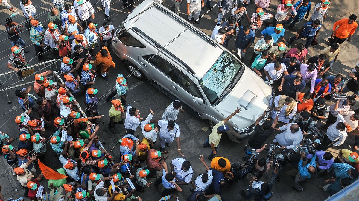 Kolkata: BJP workers protest against party’s National Vice President Mukul Roy over the selection of candidates for the upcoming West Bengal Assembly polls, outside the BJP election office in Kolkata on Monday.