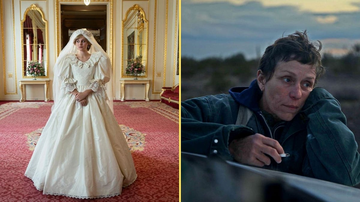 <p>Stills from The Crown & Nomadland.</p>