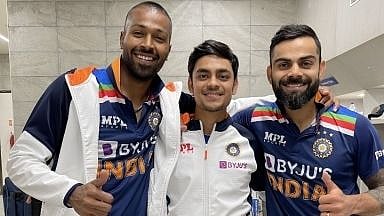 Ishan Kishan with Hardik Pandya and Virat Kohli. 