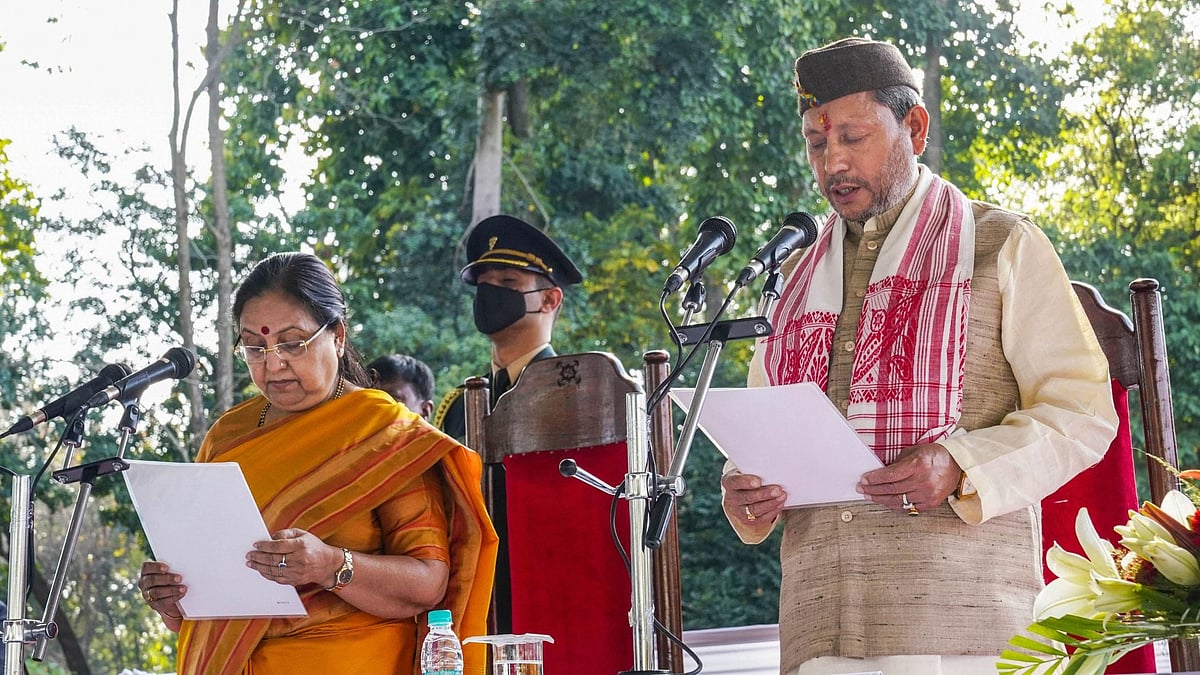 <div class="paragraphs"><p>Tirath Singh Rawat during his oath taking ceremony. The Bharatiya Janata Party (BJP) is scheduled to hold a crucial legislature meet at 3 pm on Saturday after Rawat's resignation.</p><p><br></p></div>