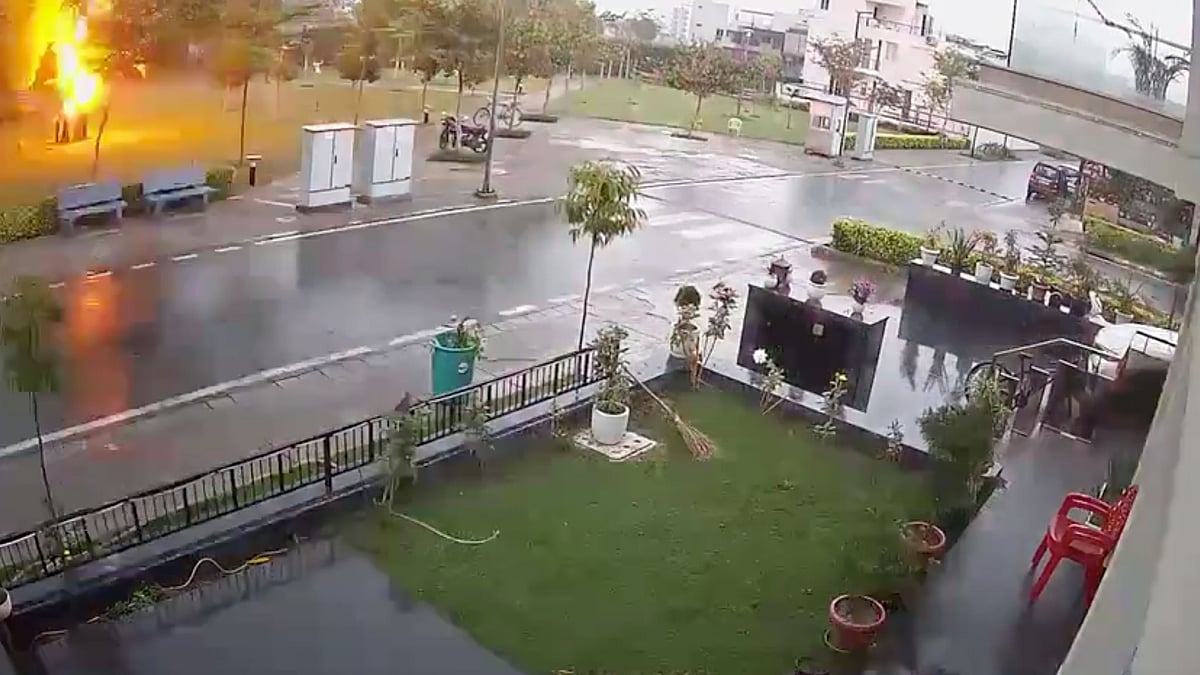 CCTV camera recorded the men dropping to the ground after the bolt of lightning struck the tree, under which they were standing.