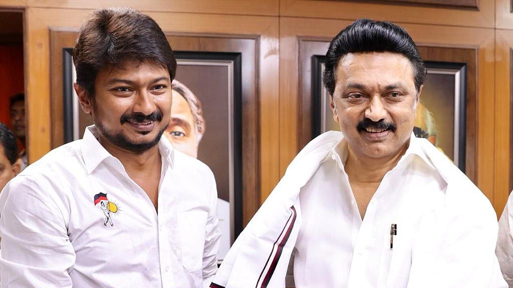 DMK President MK Stalin (right) with his son Udhayanidhi Stalin.&nbsp;