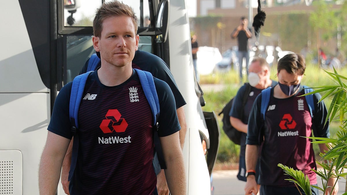 Eoin Morgan walking into the Narendra Modi Stadium for the 2nd T20I