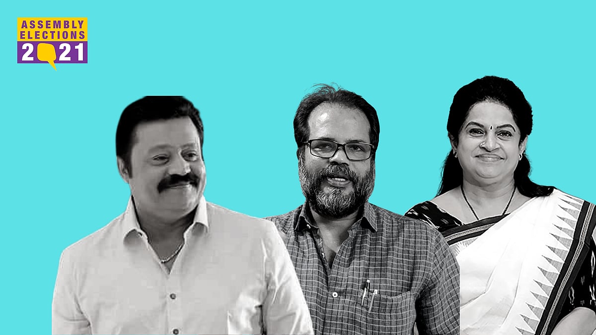 NDA’s Suresh Gopi (left), CPI’s P Balachandran (middle) and UDF’s Padmaja Venugopal (right)
