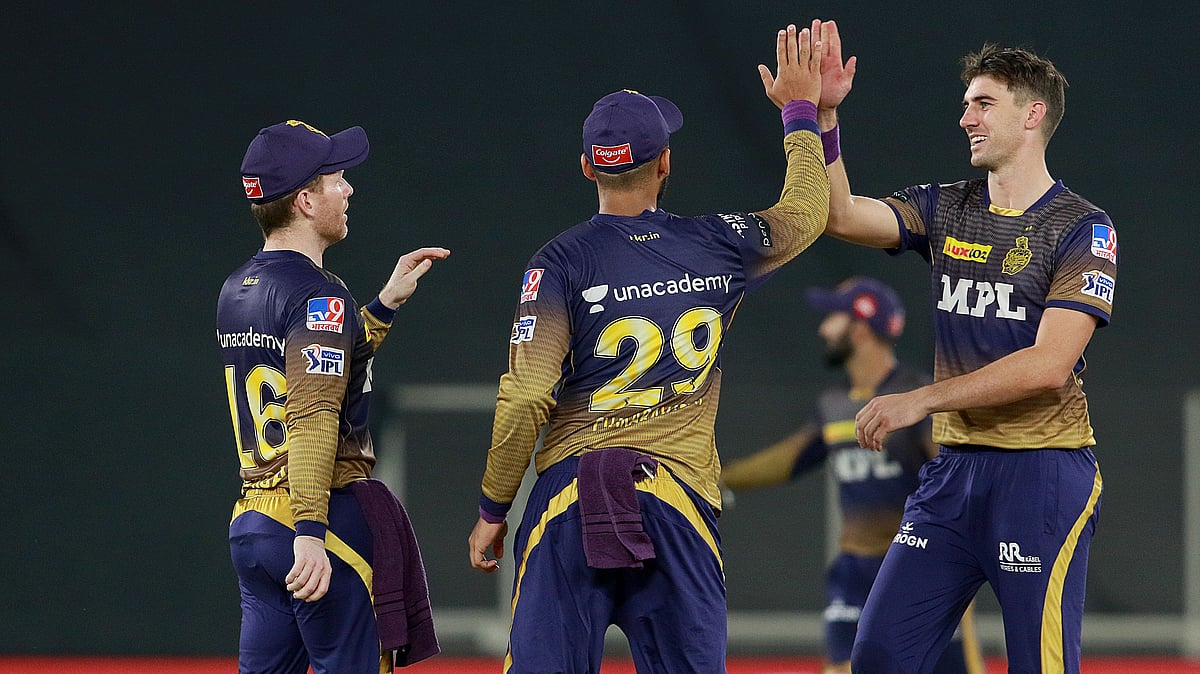 Pat Cummins and KKR celebrate a wicket.&nbsp;
