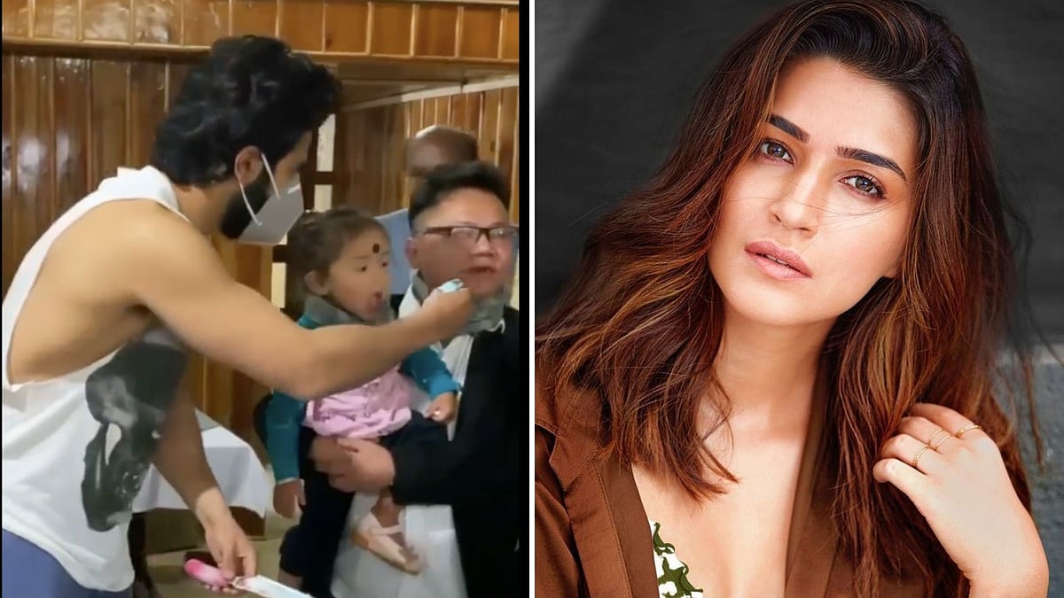 <div class="paragraphs"><p>Kriti Sanon in splits after seeing Varun Dhawan's action during a kid's birthday on Bhediya sets.&nbsp;</p></div>