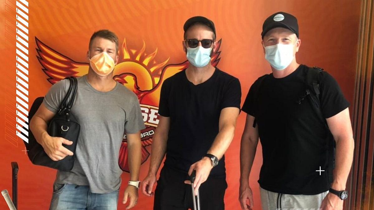 Sunrisers Hyderabad captain David Warner along with Kane Williamson and Brad Haddin as they checked into the team’s camp ahead of the 2021 IPL season. 