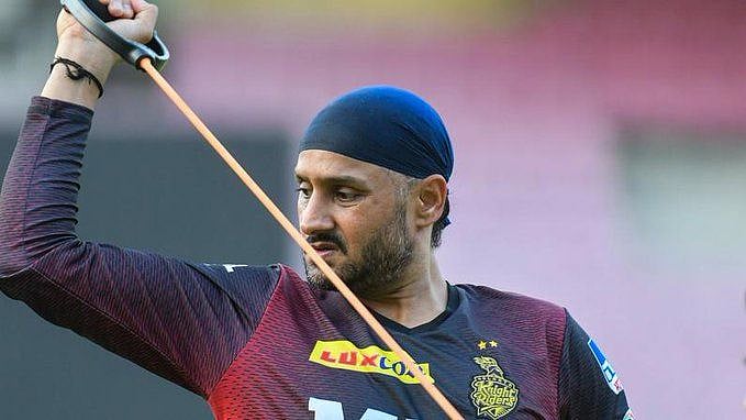 Harbhajan Singh at a training session with KKR ahead of IPL 2021.&nbsp;