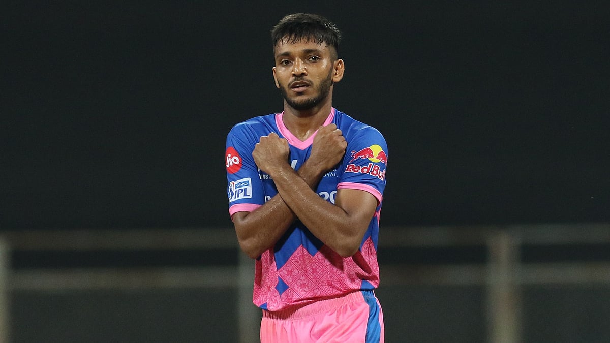 Chetan Sakariya celebrates a wicket for Rajasthan Royals.&nbsp;