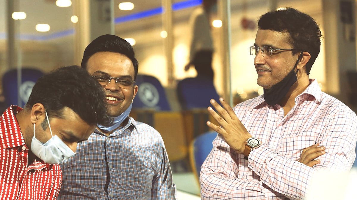 <div class="paragraphs"><p>Arun Dhumal Treasurer of BCCI , Jay Shah Secretary of the BCCI and Sourav Ganguly President of BCCI during an IPL match in the UAE<br></p></div>
