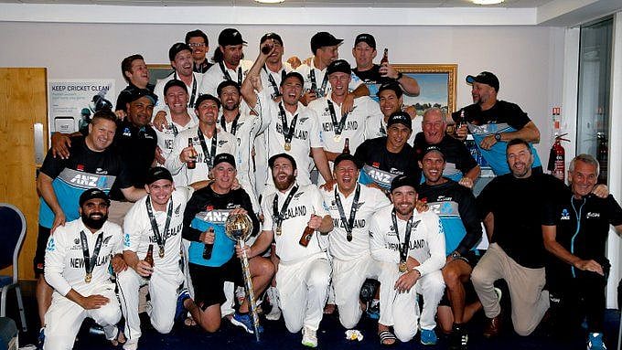 New Zealand celebrate after winning the World Test Championship final in Southampton against India. 