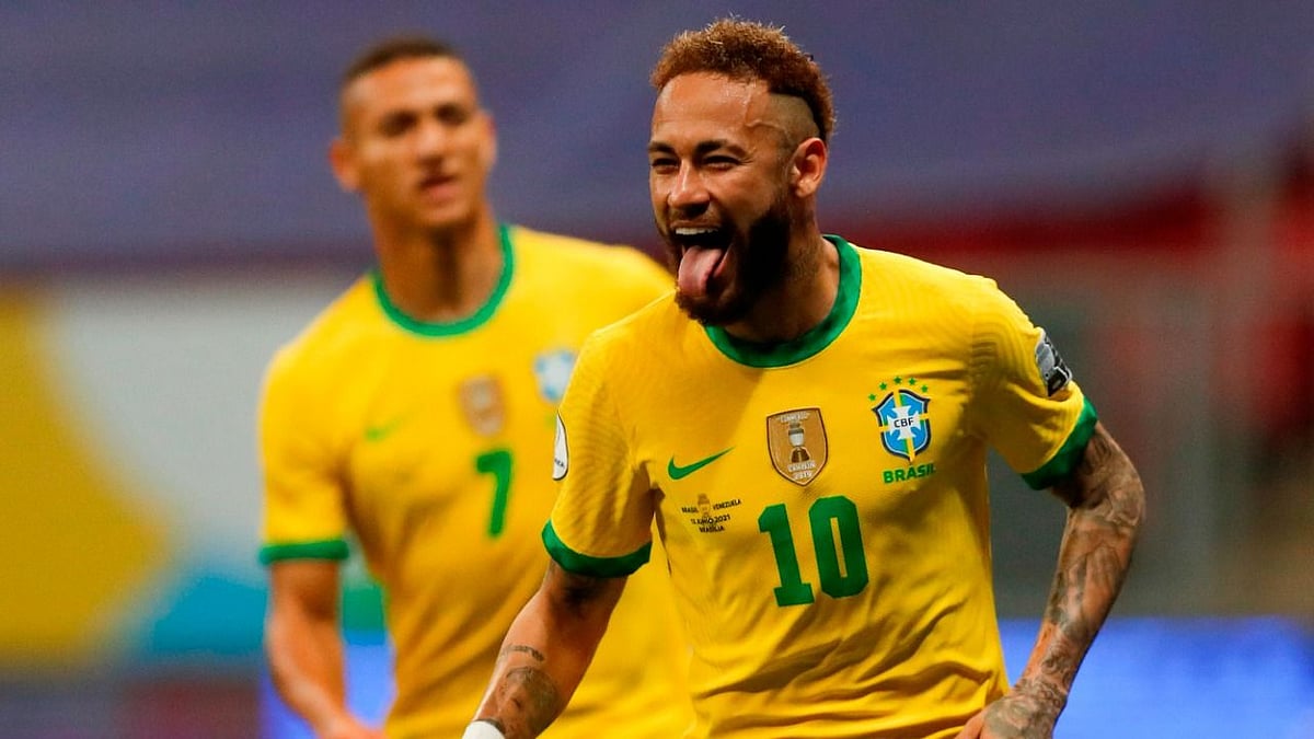 Neymar celebrates his goal against Venezuela. 