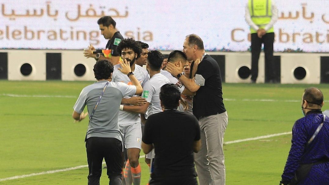 Igor Stimac kisses Sunil Chhetri on the head after the win against Bangladesh. 