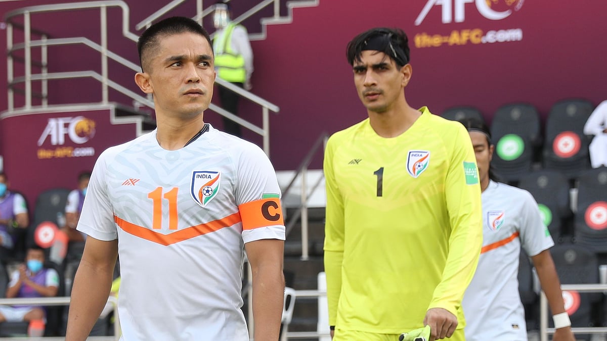 Sunil Chhetri leading out the Indian men’s football team in Doha.&nbsp;