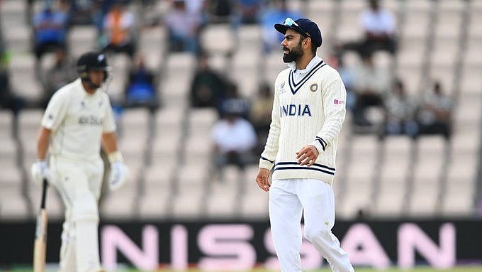 Virat Kohli reacts while fielding in the fourth innings in the WTC Final against NZ in Southampton. 