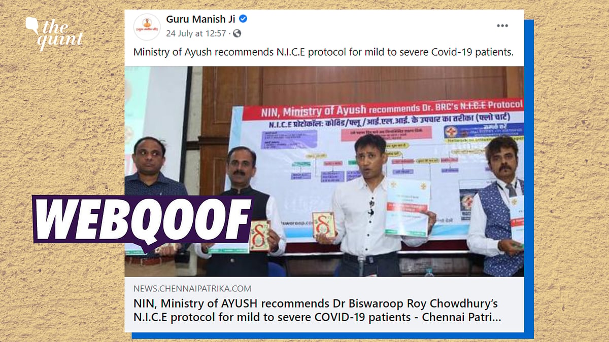 <div class="paragraphs"><p>Fact-Check | NIN clarified that the Ministry of AYUSH has not approved the protocol developed by Dr Biswaroop Roy Chowdhury called N.I.C.E.</p></div>