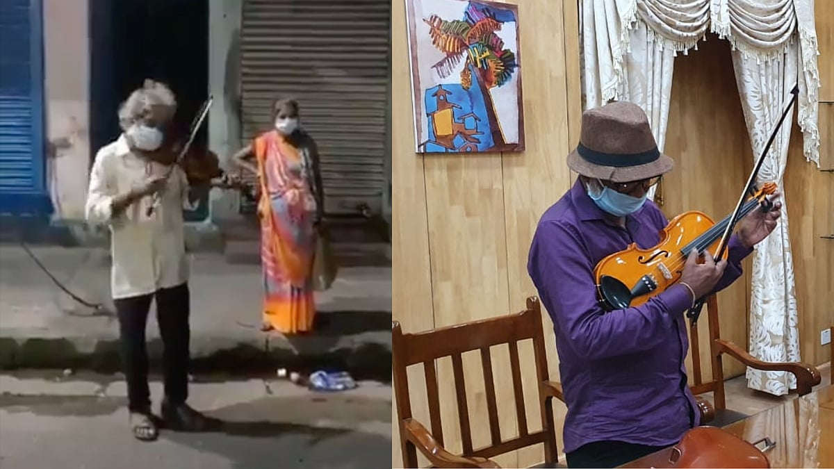 <div class="paragraphs"><p>Bhagwan Mali, a musician from Kolkata receives a new violin as a gift from the Police.</p></div>