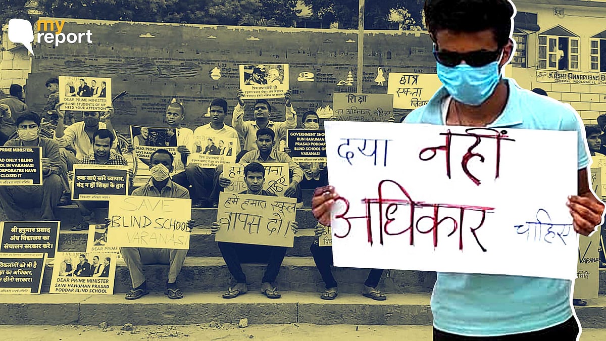 <div class="paragraphs"><p>Students of Shree Hanuman Prasad Poddar Andh Vidhyalaya in Varanasi are protesting the discontinuation of classes 9 to 12.</p></div>