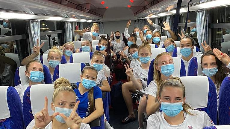 <div class="paragraphs"><p>Great Britain's women's football team after reaching Tokyo. </p></div>