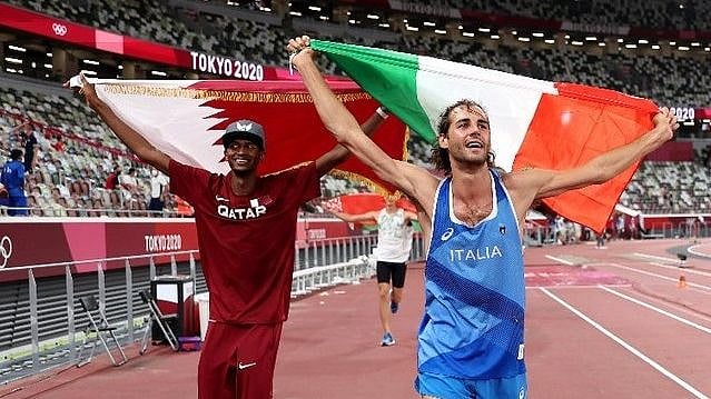 <div class="paragraphs"><p>Mutaz Essa Barshim of Qatar and Italian high jumper Gianmarco Tamberi celebrate sharing the High Jump Gold medal at the 2020 Tokyo Olympics. </p></div>