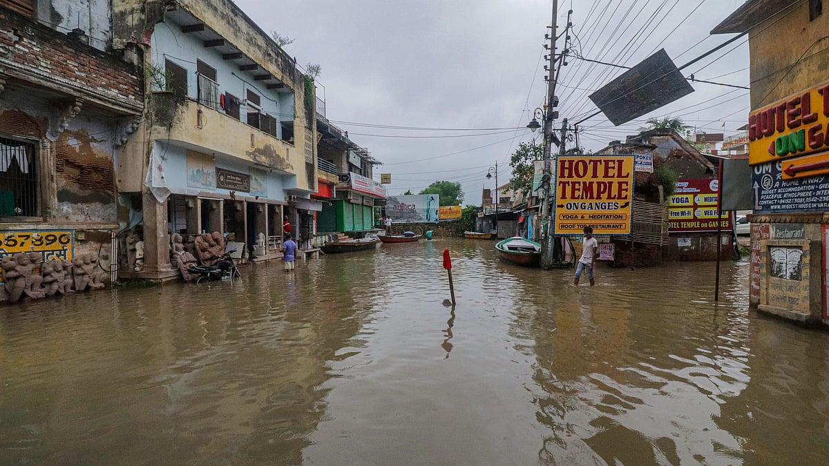 <div class="paragraphs"><p>A view of the flooded area at Assi Ghat after the rise in water level of the Ganga river in Varanasi.</p></div>
