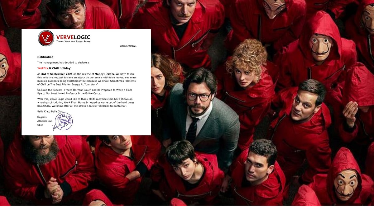 <div class="paragraphs"><p>Jaipur firm gives employees 'Netflix and Chill' holiday to watch Money Heist season 5 premiering on Netflix on 3 September.</p></div>