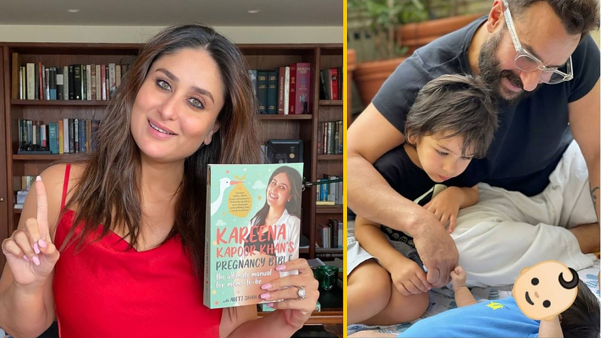 <div class="paragraphs"><p>Kareena Kapoor with her book 'Pregnancy Bible', Saif Ali Khan with their sons Taimur and Jehangir.</p></div>