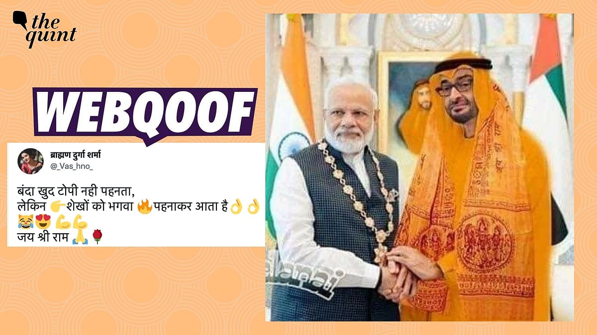 <div class="paragraphs"><p>Photo claims that Crown Prince of Abu Dhabi Mohamed bin Zayed Al Nahyan was wearing a saffron robe while meeting PM Narendra Modi. </p></div>