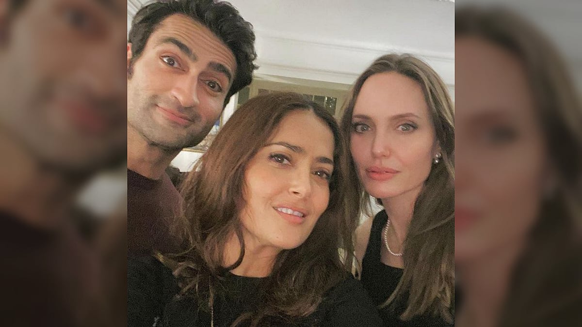 <div class="paragraphs"><p>Kumail Nanjiani with <em>Eternals </em>co-stars Angelina Jolie and Salma Hayek.</p></div>