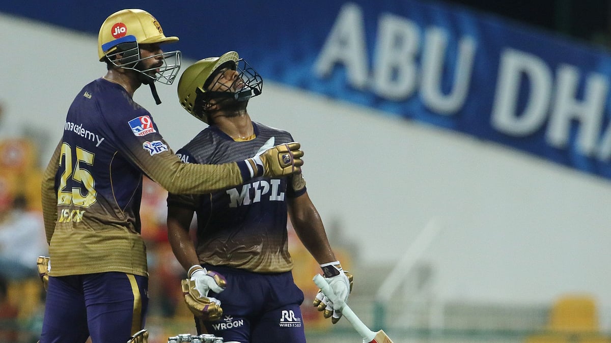 <div class="paragraphs"><p>Venkatesh Iyer and Rahul Tripatih during their 88-run partnership,</p></div>