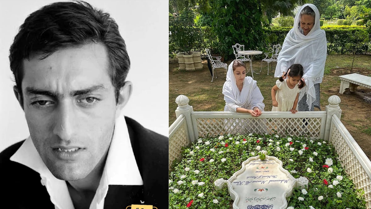 <div class="paragraphs"><p>Mansoor Ali Khan Pataudi; Soha Ali Khan, Inaaya, and Sharmila Tagore at Pataudi's grave.</p></div>