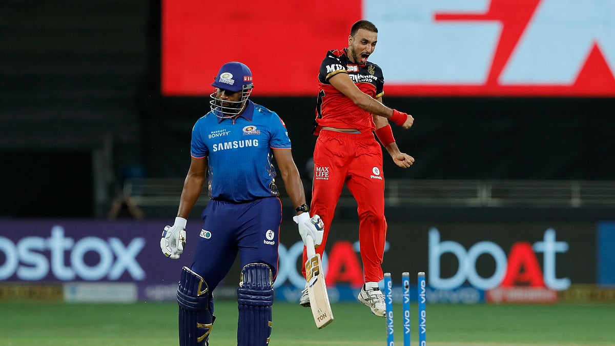 <div class="paragraphs"><p>Harshal Patel celebrates the wicket of Kieron Pollard.</p></div>
