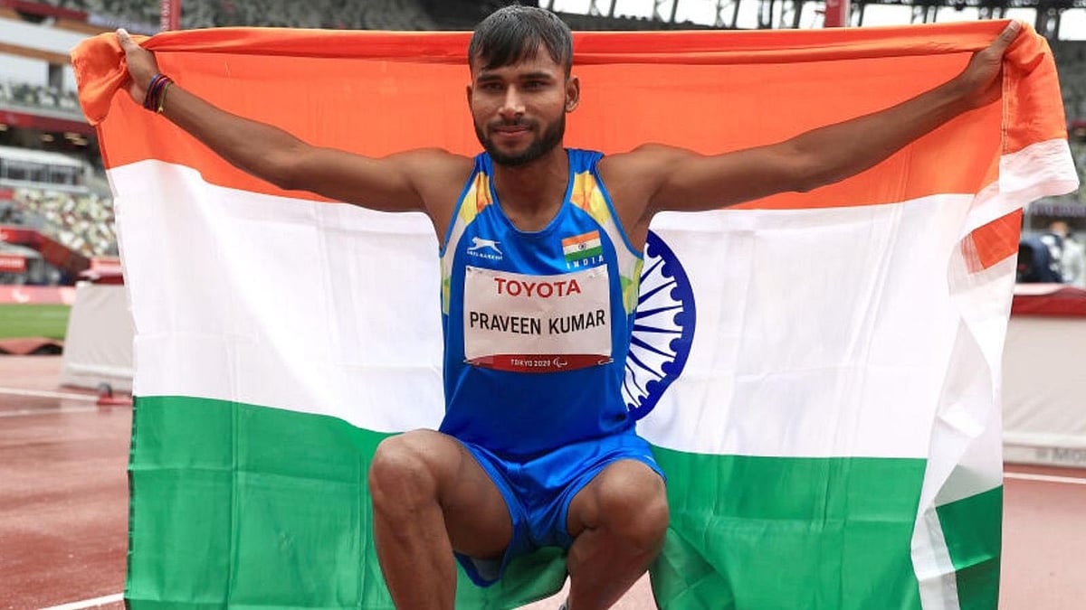<div class="paragraphs"><p>Praveen Kumar celebrates after winning Silver.</p></div>