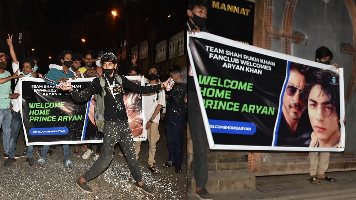 <div class="paragraphs"><p>Fans celebrate Aryan Khan's bail in the NCB cruise ship case outside Shah Rukh Khan's residence Mannat.</p></div>