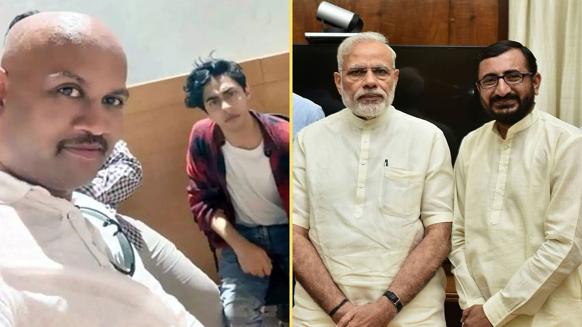 <div class="paragraphs"><p>Two people, allegedly named KP Gosavi and Manish Bhanushali (pictured in the photo) were seen escorting Aryan Khan and Arbaaz Merchant to the NCB office.</p></div>