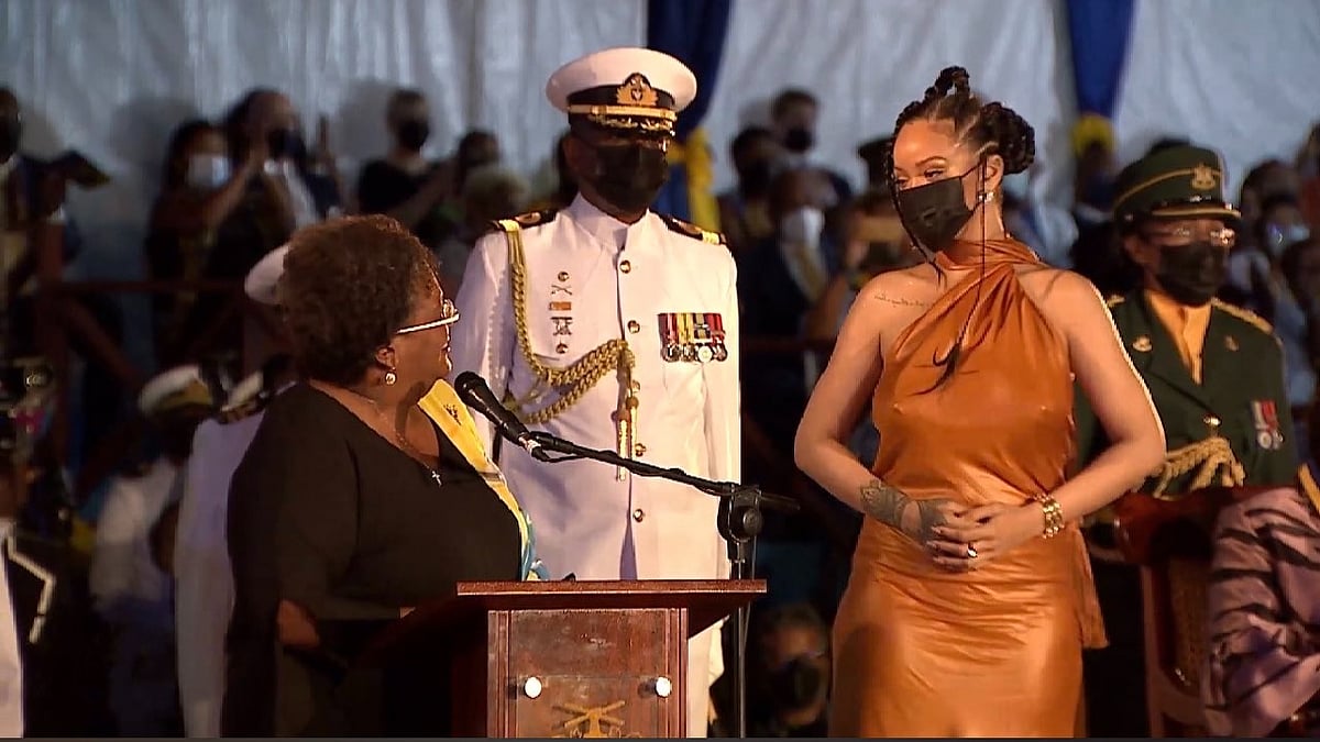 <div class="paragraphs"><p>Mia Mottley, Prime Minister of Barbados, declaring Rihanna as a national hero. </p></div>