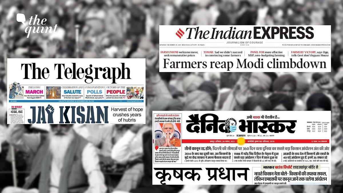 <div class="paragraphs"><p>Here's how the front pages of newspapers looked after Prime Minister Narendra Modi said that his government will repeal the three farm laws.</p></div>