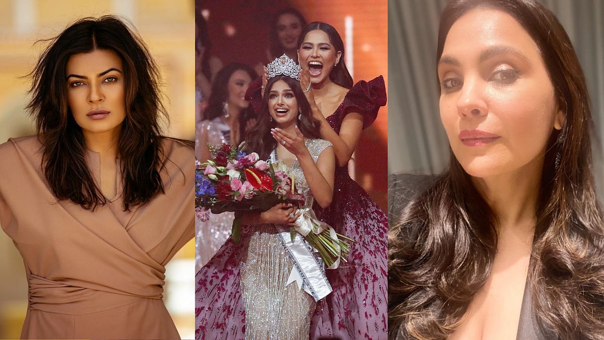 <div class="paragraphs"><p>Sushmita Sen and Lara Dutta congratulate Miss Universe 2021 Harnaaz Sandhu.</p></div>