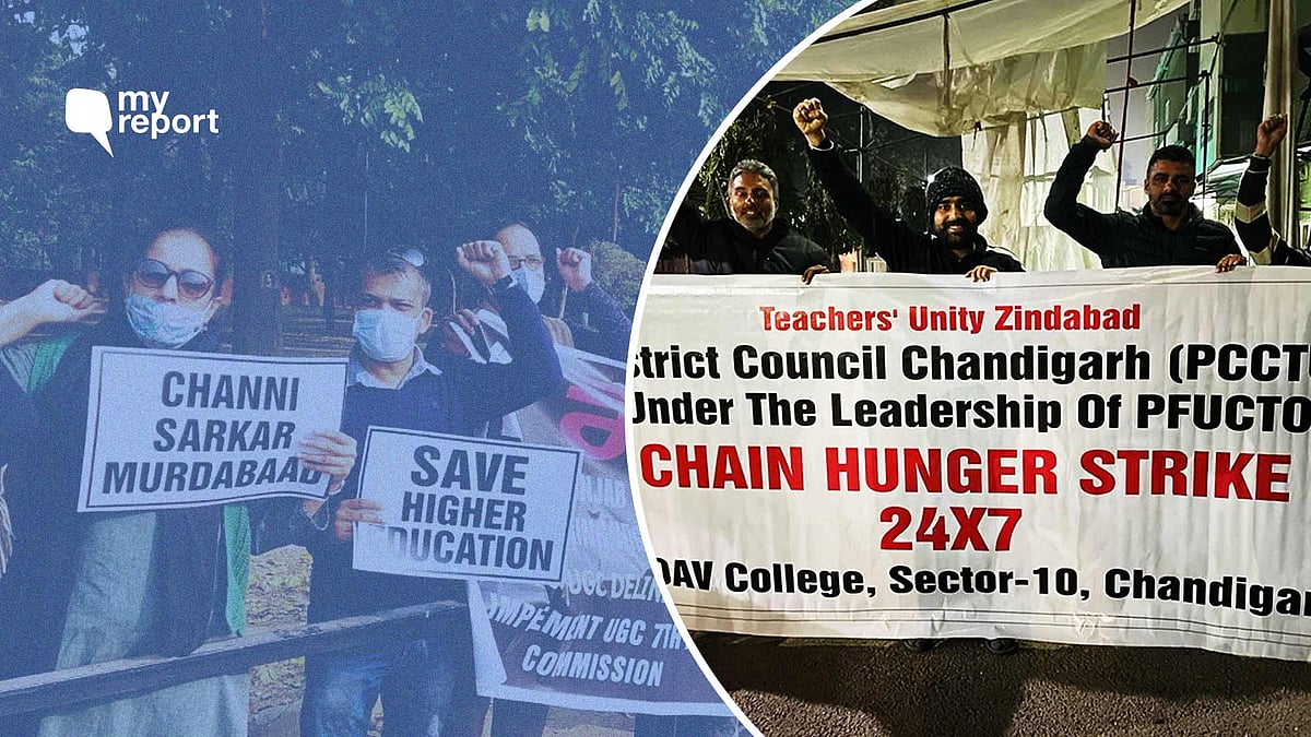 <div class="paragraphs"><p>Teachers from Panjab University stage a protest against the state government. </p></div>