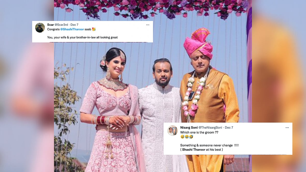 <div class="paragraphs"><p>Shashi Tharoor posing with two newlyweds.</p></div>